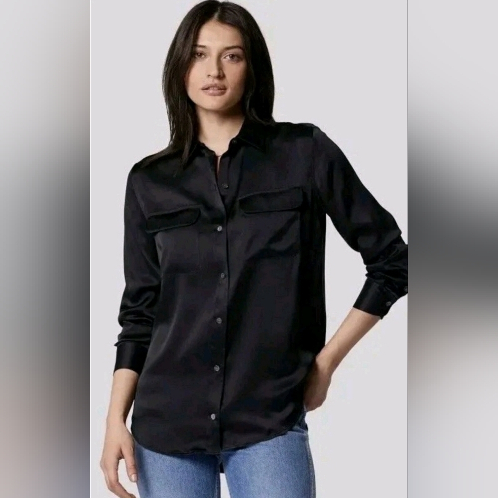Equipment Black Satin Button Down Blouse Size 2X Minimalist Neutral Workwear